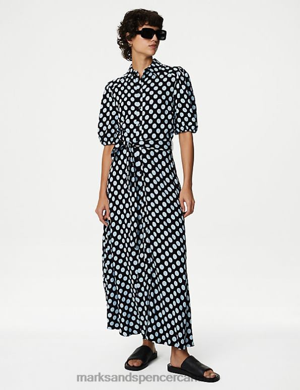 Marks and Spencer Canada - Women Blue Mix Clothing Marks & Spencer Printed Tie Waist Midi Shirt Dress 20VTD1816