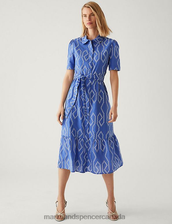 Women Blue Mix Clothing Marks & Spencer Pure Cotton Broderie Midaxi Shirt Dress 20VTD608 - Marks and Spencer outlet