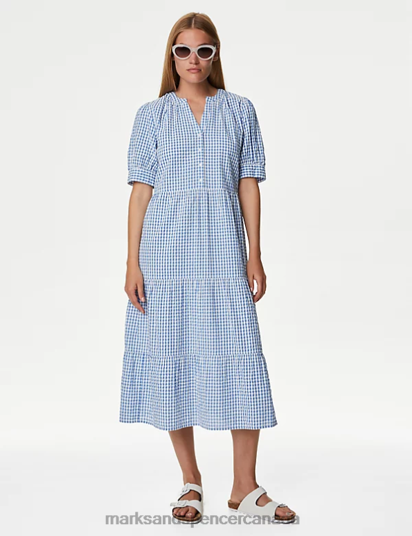 Women Blue Mix Clothing Marks & Spencer Pure Cotton Checked V-Neck Midi Tiered Dress 20VTD529 - Marks and Spencer online