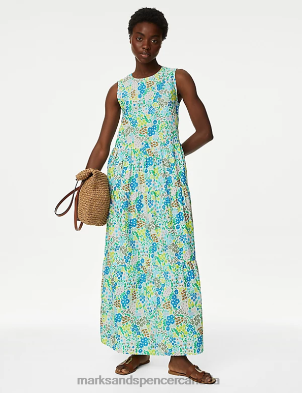 Women Blue Mix Clothing Marks & Spencer Pure Cotton Printed Maxi Tiered Dress 20VTD1320 - Marks and Spencer outlet