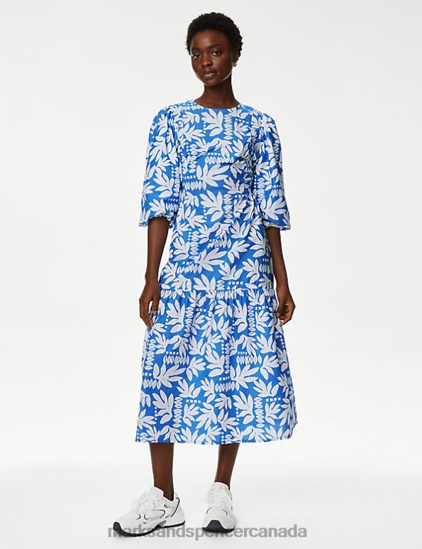 Marks and Spencer Canada - Women Blue Mix Clothing Marks & Spencer Pure Cotton Printed Midi Tiered Dress 20VTD124