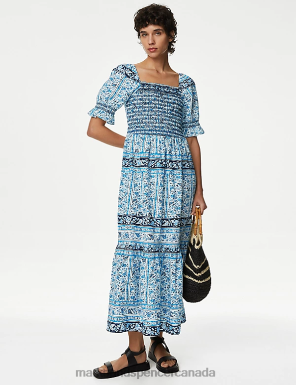 Women Blue Mix Clothing Marks & Spencer Pure Cotton Printed Square Neck Midi Dress 20VTD2137 - Marks and Spencer online