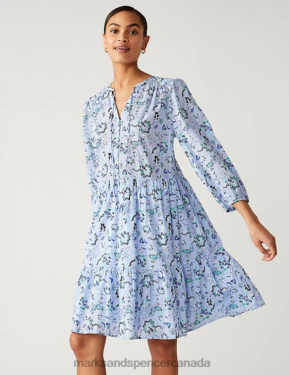 Marks and Spencer Canada - Women Blue Mix Clothing Marks & Spencer Pure Cotton Printed Tie Neck Mini Dress 20VTD594