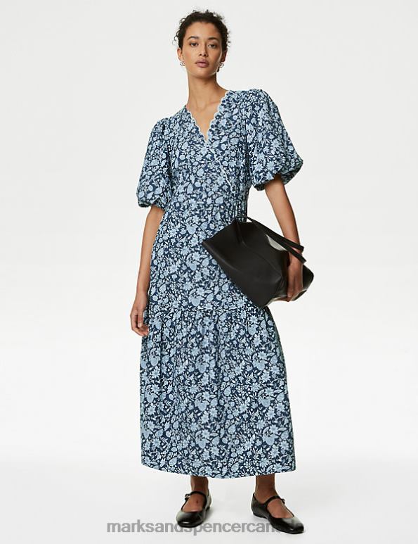 Women Blue Mix Clothing Marks & Spencer Pure Cotton Printed V-Neck Midi Wrap Dress 20VTD1299 - Marks and Spencer online