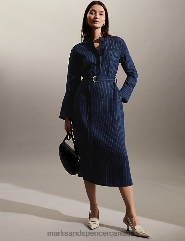 Marks and Spencer sale - Women Blue Mix Clothing Marks & Spencer Pure Linen Striped Midi Shirt Dress 20VTD1205