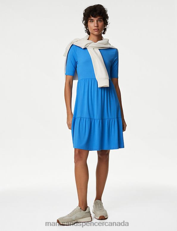 Women Bright Blue Clothing Marks & Spencer Jersey Round Neck Knee Length Tiered Dress 20VTD1155 - Marks and Spencer online