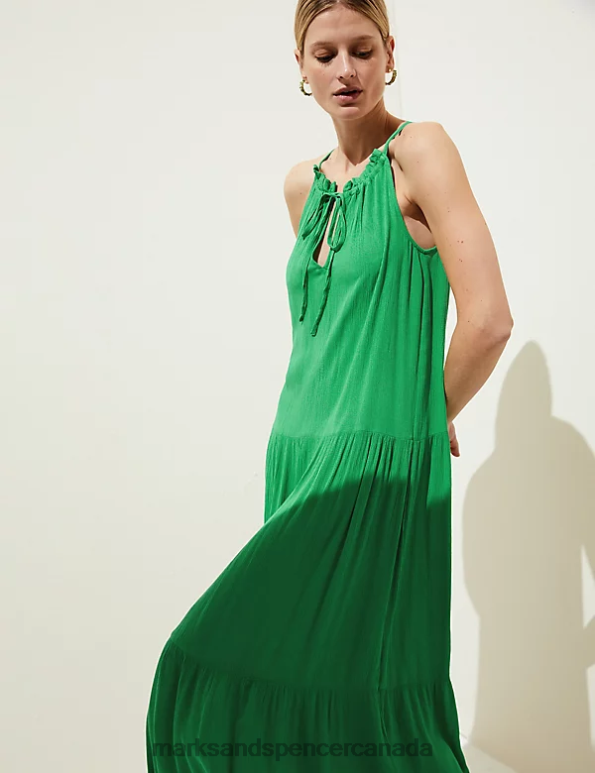 Women Bright Green Clothing Marks & Spencer High Neck Midaxi Tiered Beach Dress 20VTD1629 - Marks and Spencer online