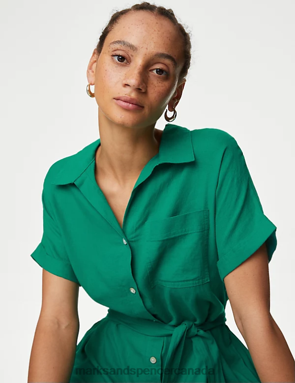 Marks and Spencer Canada - Women Bright Green Clothing Marks & Spencer Linen Blend Midi Shirt Dress 20VTD352