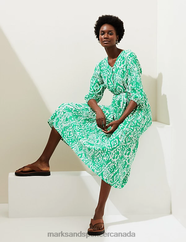 Marks and Spencer Canada - Women Bright Green Clothing Marks & Spencer Linen Blend Printed V-Neck Midi Dress 20VTD2484