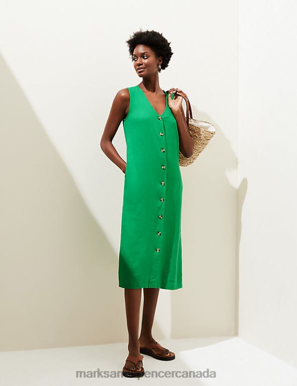 Marks and Spencer Canada - Women Bright Green Clothing Marks & Spencer Linen Blend V-Neck Midi Column Dress 20VTD2330