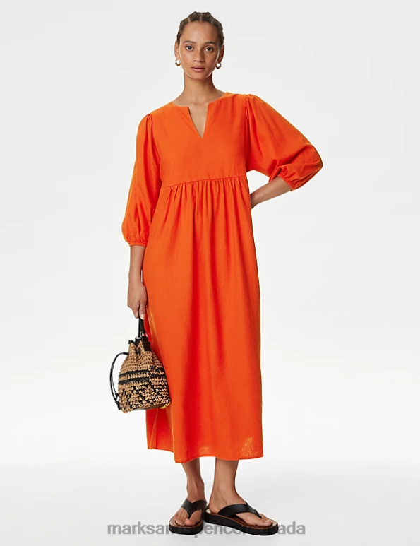 Women Bright Orange Clothing Marks & Spencer Linen Rich V-Neck Midi Beach Dress 20VTD57 - Marks and Spencer online