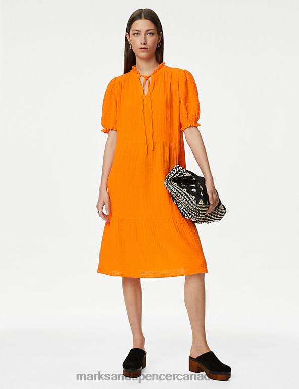 Women Bright Orange Clothing Marks & Spencer Pure Cotton Textured Tie Neck Tiered Dress 20VTD2393 - Marks and Spencer Canada locations