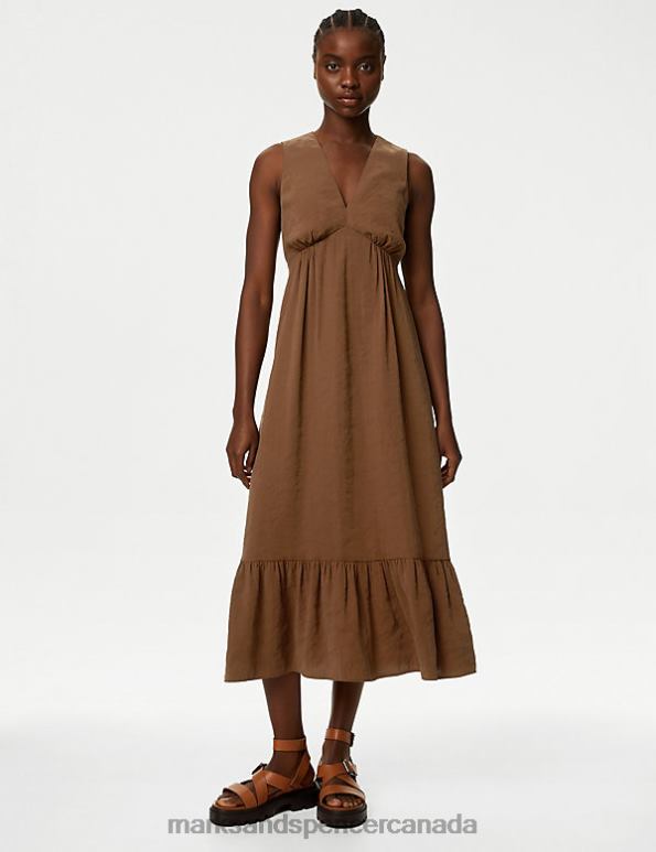 Women Brown Clothing Marks & Spencer V-Neck Tie Detail Midaxi Waisted Dress 20VTD2735 - Marks and Spencer online