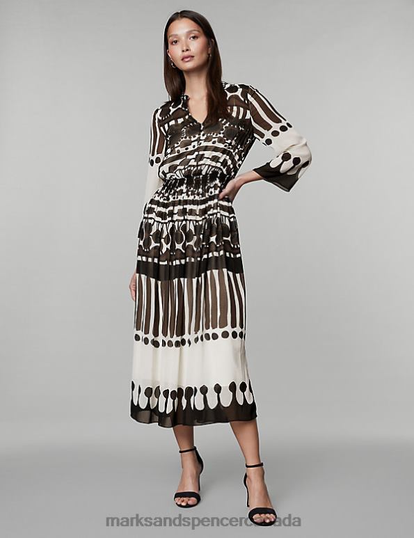 Women Brown Mix Clothing Marks & Spencer Georgette Printed V-Neck Midi Waisted Dress 20VTD141 - Marks and Spencer outlet