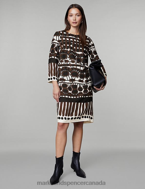 Marks and Spencer near me - Women Brown Mix Clothing Marks & Spencer Printed Knee Length Shift Dress 20VTD125