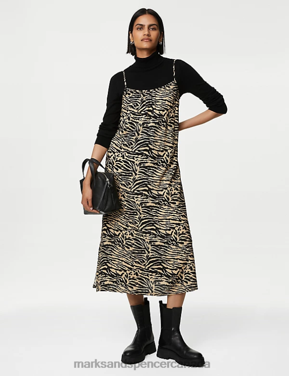 Women Brown Mix Clothing Marks & Spencer Printed Square Neck Midi Slip Dress 20VTD2968 - Marks and Spencer Canada locations