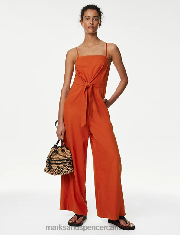 Marks and Spencer sale - Women Copper Clothing Marks & Spencer Linen Rich Tie Detail Jumpsuit 20VTD2824