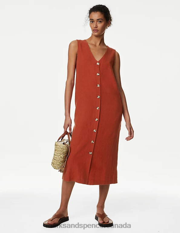 Women Copper Clothing Marks & Spencer Linen Rich V-Neck Button Through Midi Dress 20VTD2164 - Marks and Spencer online