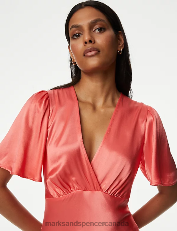 Marks and Spencer sale - Women Coral Clothing Marks & Spencer Satin V-Neck Angel Sleeve Midi Tea Dress 20VTD1015