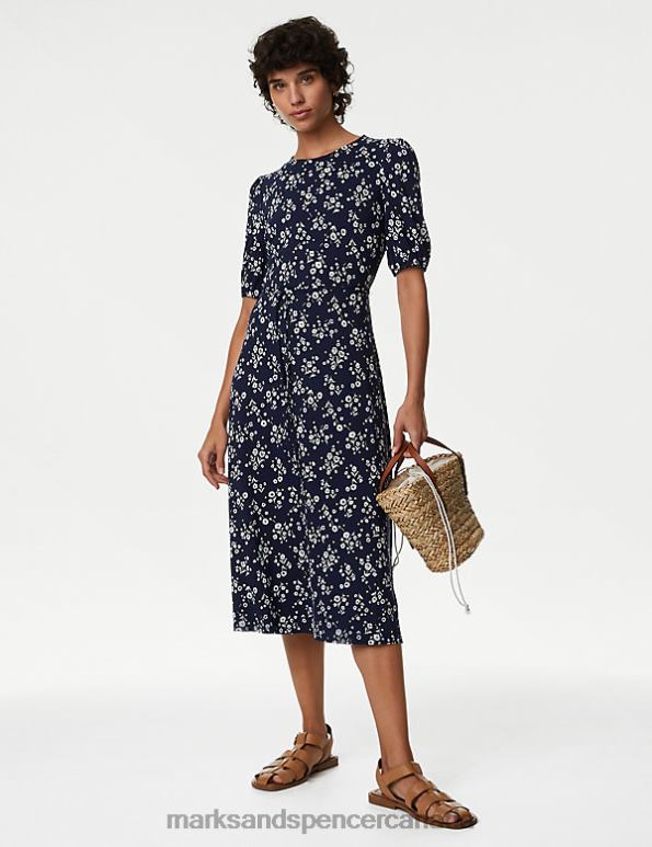 Marks and Spencer Canada - Women Dark Blue Mix Clothing Marks & Spencer Jersey Printed Midi Tea Dress 20VTD647