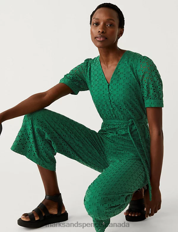 Women Dark Green Clothing Marks & Spencer Pure Cotton Broderie Cropped Jumpsuit 20VTD2172 - Marks and Spencer outlet