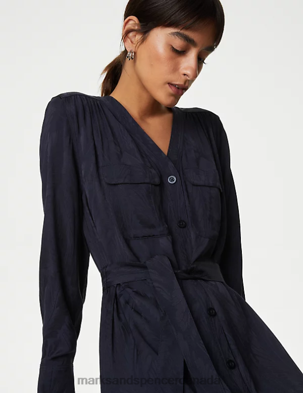 Women Dark Navy Clothing Marks & Spencer Floral Jacquard V-Neck Midi Shirt Dress 20VTD945 - Marks and Spencer outlet