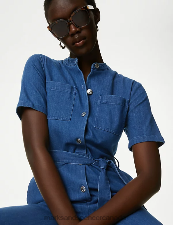 Marks and Spencer near me - Women Denim Clothing Marks & Spencer Belted Short Sleeve Jumpsuit 20VTD1552