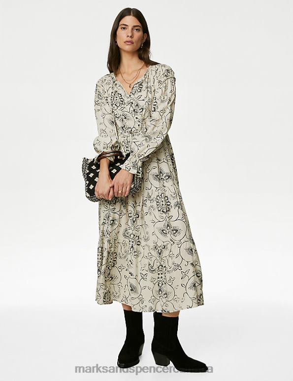 Women Ecru Mix Clothing Marks & Spencer Printed Shirred Midi Tiered Dress 20VTD379 - Marks and Spencer outlet