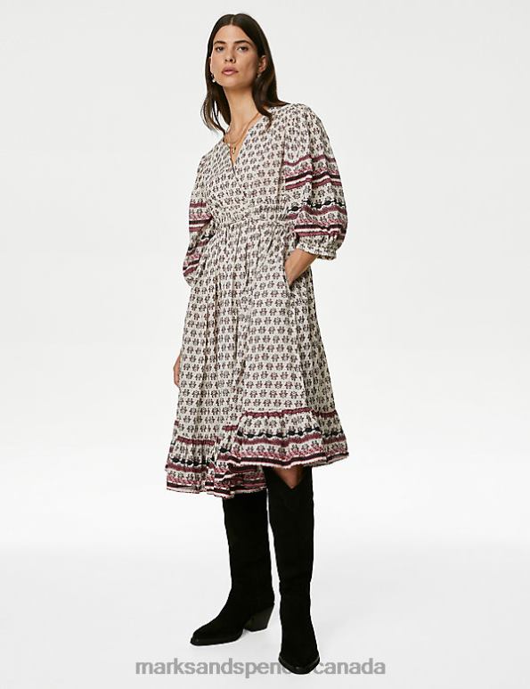 Marks and Spencer Canada - Women Ecru Mix Clothing Marks & Spencer Pure Cotton Printed V-Neck Midi Smock Dress 20VTD331