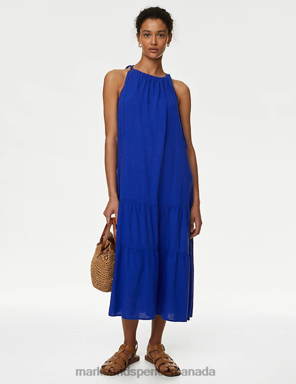 Women Electric Blue Clothing Marks & Spencer Linen Rich High Neck Maxi Tiered Dress 20VTD1542 - Marks and Spencer Canada locations