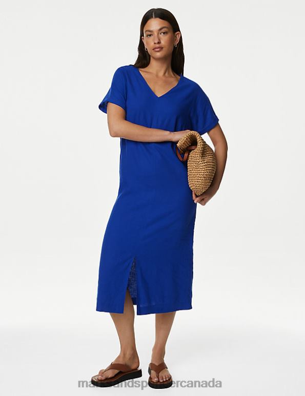 Marks and Spencer near me - Women Electric Blue Clothing Marks & Spencer Linen Rich V-Neck Midi T-Shirt Dress 20VTD2812