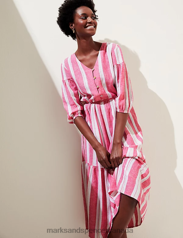 Marks and Spencer sale - Women Fuchsia Mix Clothing Marks & Spencer Linen Blend Striped V-Neck Midi Tiered Dress 20VTD1451