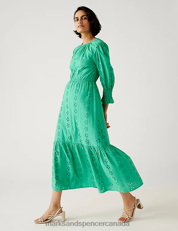 Women Green Clothing Marks & Spencer Pure Cotton Broderie Midi Waisted Dress 20VTD802 - Marks and Spencer Canada locations