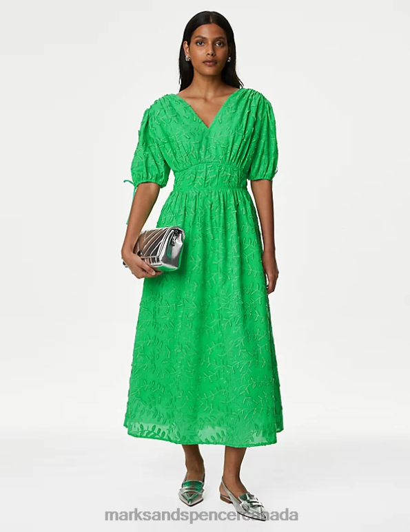 Marks and Spencer near me - Women Green Clothing Marks & Spencer Pure Cotton Embroidered Midi Waisted Dress 20VTD883