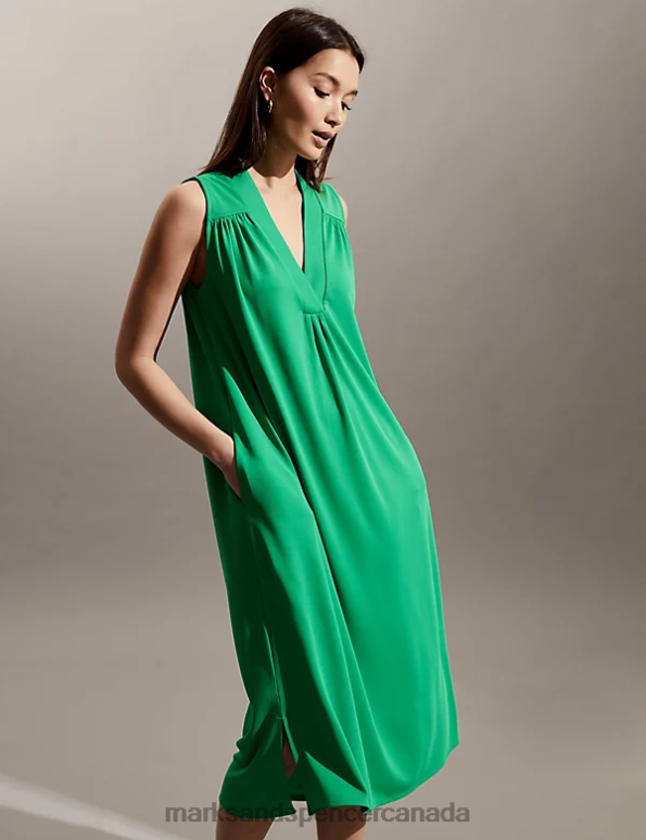 Marks and Spencer near me - Women Green Clothing Marks & Spencer V-Neck Midi Relaxed Shift Dress 20VTD314