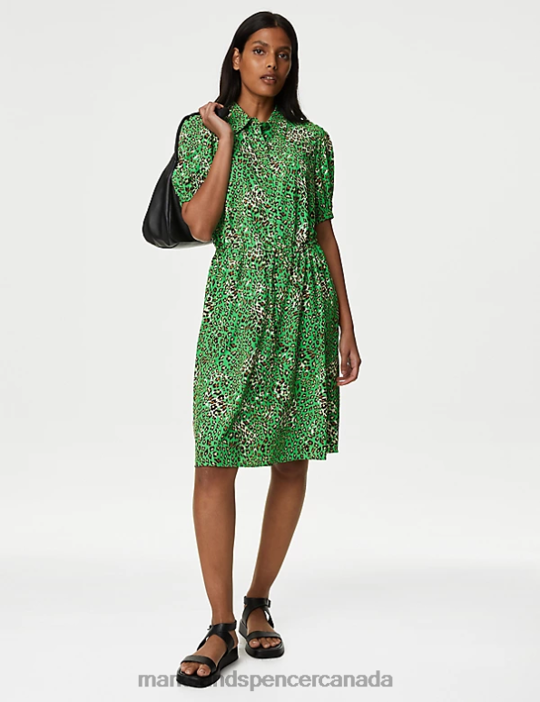 Women Green Mix Clothing Marks & Spencer Animal Print Tie Waist Shirt Dress 20VTD812 - Marks and Spencer online