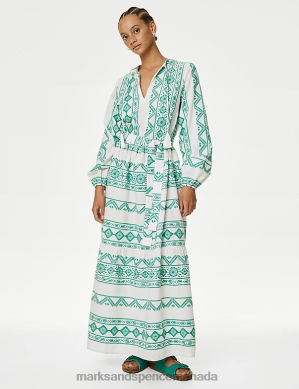 Women Green Mix Clothing Marks & Spencer Cotton Rich Jacquard Maxi Beach Dress 20VTD2165 - Marks and Spencer Canada locations