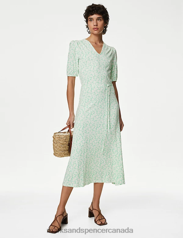 Women Green Mix Clothing Marks & Spencer Jersey Printed Midi Tea Dress 20VTD291 - Marks and Spencer online