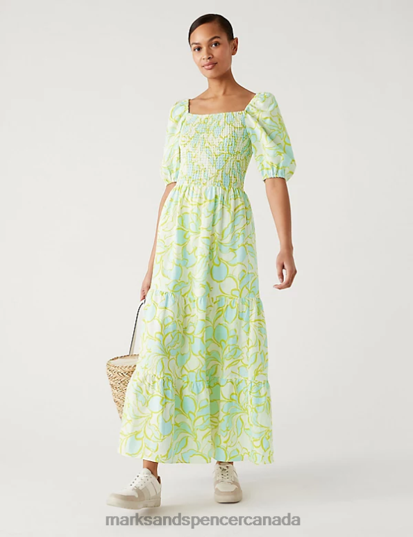 Women Green Mix Clothing Marks & Spencer Linen Rich Floral Square Neck Midi Dress 20VTD296 - Marks and Spencer outlet