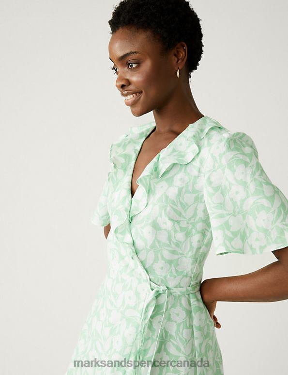 Women Green Mix Clothing Marks & Spencer Linen Rich Floral V-Neck Midi Wrap Dress 20VTD2661 - Marks and Spencer Canada locations