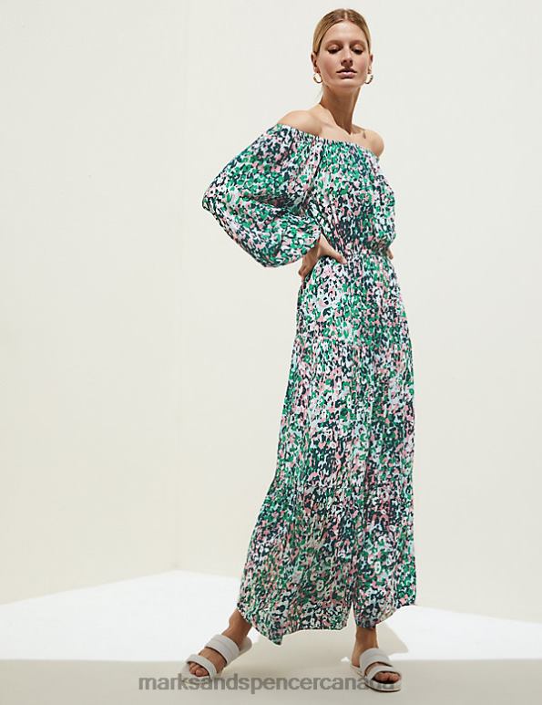 Marks and Spencer sale - Women Green Mix Clothing Marks & Spencer Printed Bardot Midaxi Dress 20VTD2258