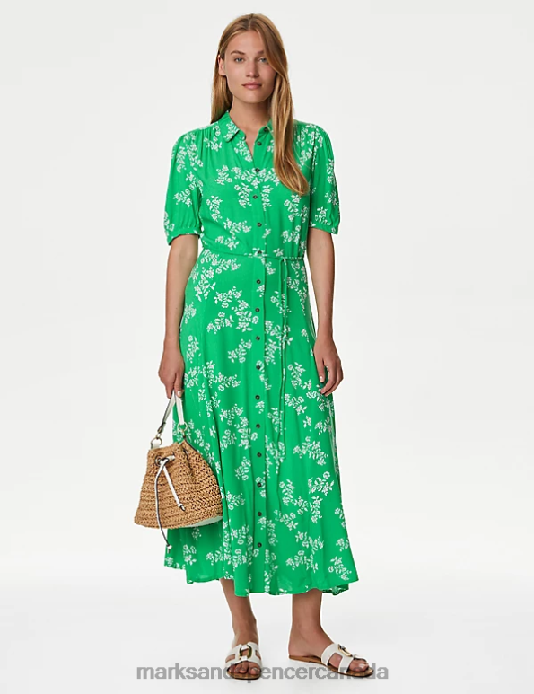 Marks and Spencer near me - Women Green Mix Clothing Marks & Spencer Printed Belted Midaxi Shirt Dress 20VTD689