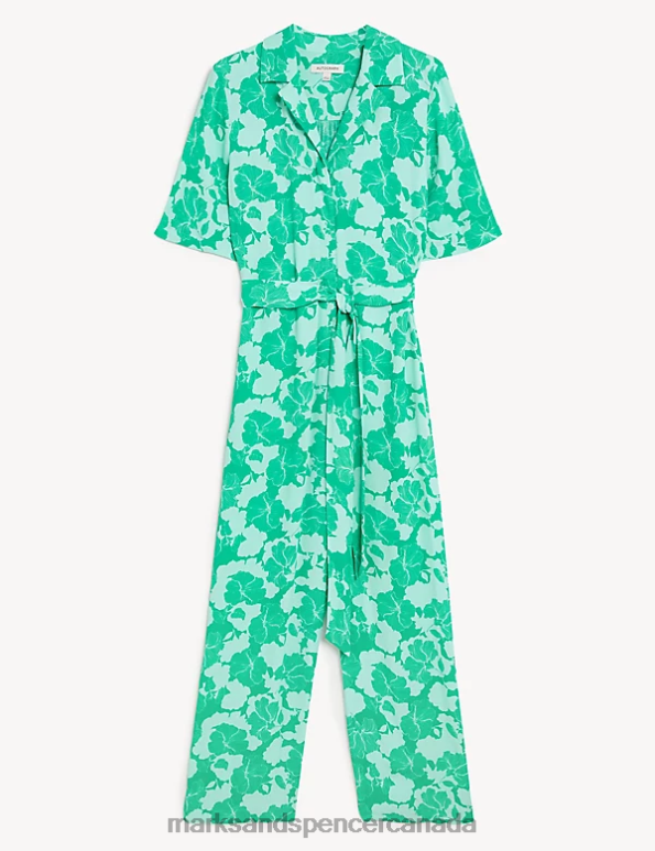 Women Green Mix Clothing Marks & Spencer Printed Belted Short Sleeve Jumpsuit 20VTD3079 - Marks and Spencer outlet