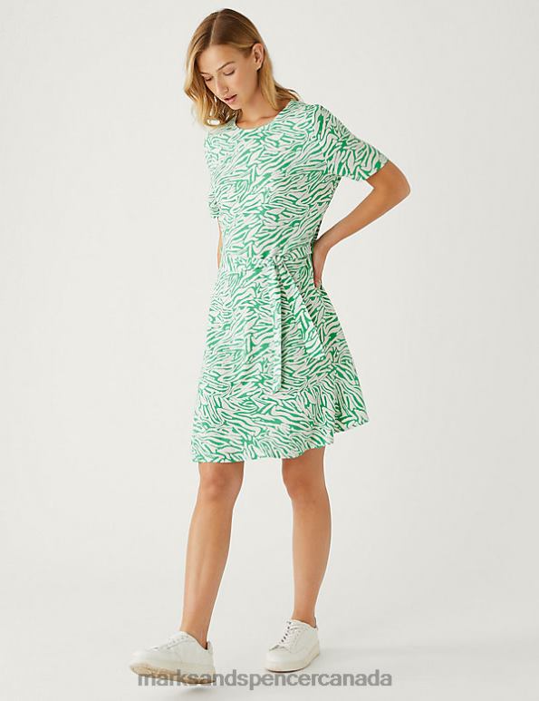 Women Green Mix Clothing Marks & Spencer Printed Round Neck Belted Mini Skater Dress 20VTD981 - Marks and Spencer Canada locations