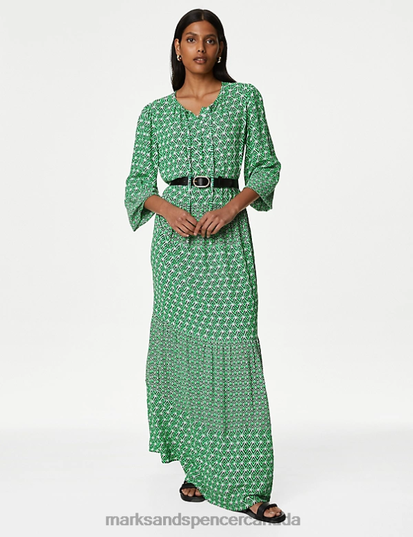 Marks and Spencer sale - Women Green Mix Clothing Marks & Spencer Printed Tie Neck Belted Maxi Tiered Dress 20VTD1823