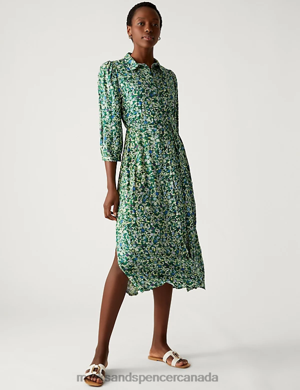 Marks and Spencer Canada - Women Green Mix Clothing Marks & Spencer Printed Tie Waist Midi Shirt Dress 20VTD1999