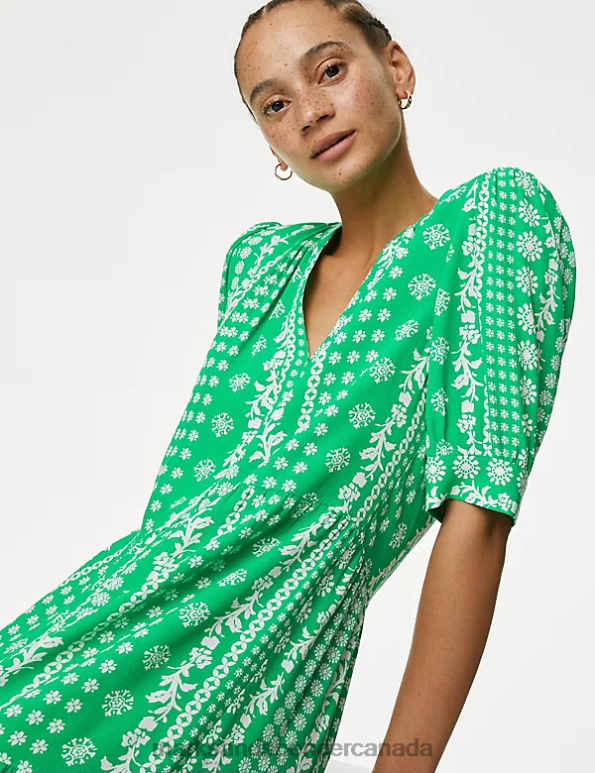 Marks and Spencer sale - Women Green Mix Clothing Marks & Spencer Printed V-Neck Midi Relaxed Tiered Dress 20VTD977