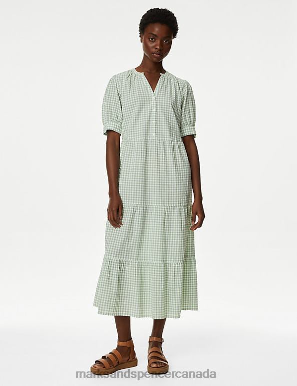 Women Green Mix Clothing Marks & Spencer Pure Cotton Checked V-Neck Midi Tiered Dress 20VTD217 - Marks and Spencer online