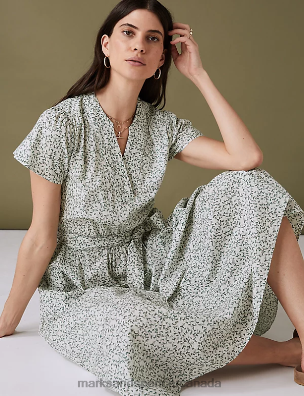 Women Green Mix Clothing Marks & Spencer Pure Cotton Floral Notch Neck Midaxi Dress 20VTD2640 - Marks and Spencer online