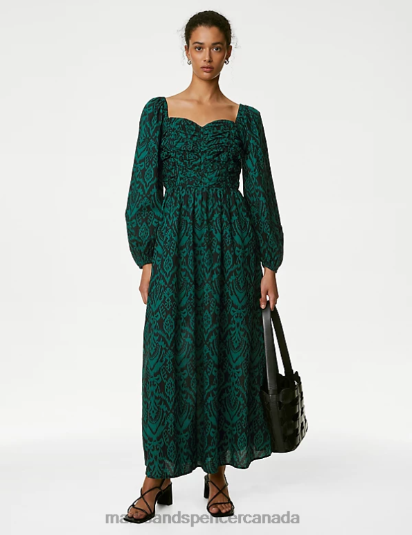 Marks and Spencer Canada - Women Green Mix Clothing Marks & Spencer Pure Cotton Printed Midaxi Waisted Dress 20VTD1008